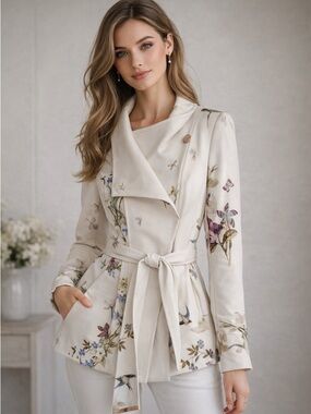NWT $549 Ted Baker Ivory Spring Meadow Short Wrap Pea Coat